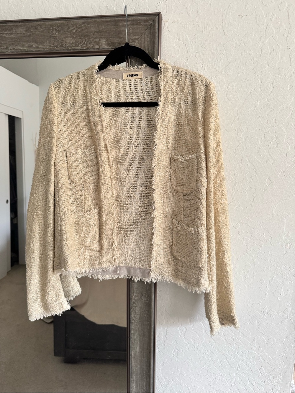 L'AGENCE Cream Bouclé Open-Front Cardigan Jacket